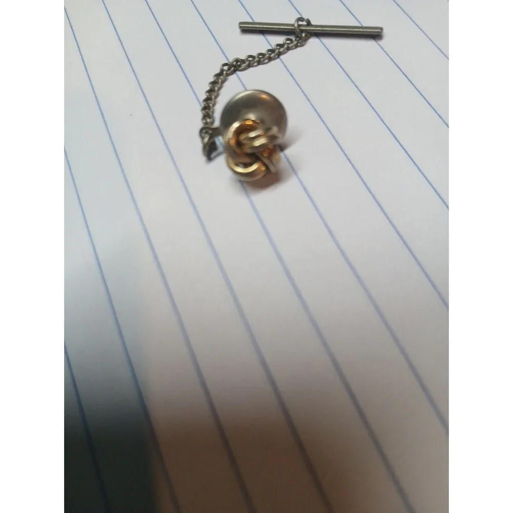 VTG Brass Embossed Gold MCM Love Knot Tie Tac Hat Lapel Chain Pin Retro 60s 70s